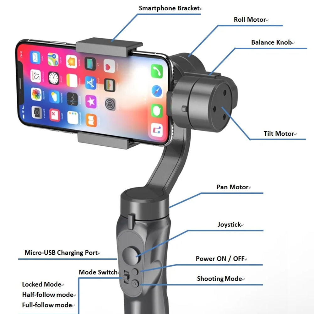 Techsuit - Phone Gimbal (H4) - with 3 Axis Handheld, Joystick, Micro-USB, 6.1inch Max, Aluminum Alloy, 2200mAh - Black
