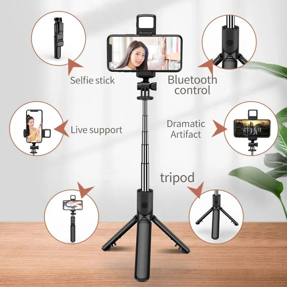 Techsuit - Mini Selfie Stick (S03-S) - Stable & Compact Tripod Mount, Bluetooth Remote Control, LED Light, 67cm - Black
