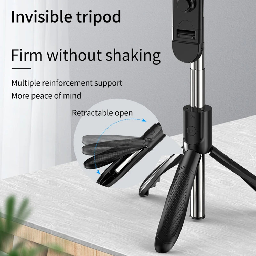 Techsuit - Selfie Stick (S01-S) - Compact Tripod Mount with Bluetooth Remote Control, LED Fill Light, Foldable, 70cm - Black