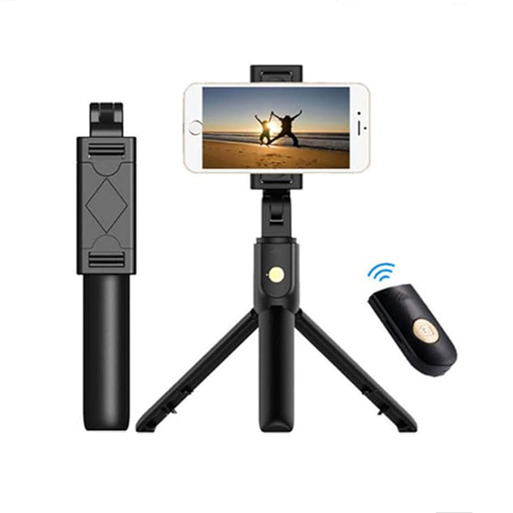 Techsuit - Selfie Stick (K07) - Compact Tripod Mount with Bluetooth Remote Control, Foldable, 70cm - Black