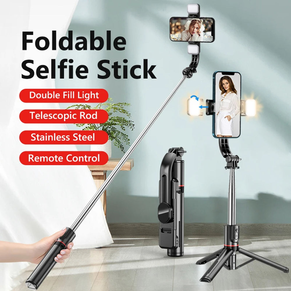 Techsuit - Selfie Stick (L13d) - Stable Tripod with Double Fill Light, Bluetooth Remote Control, 360, 116cm - Black