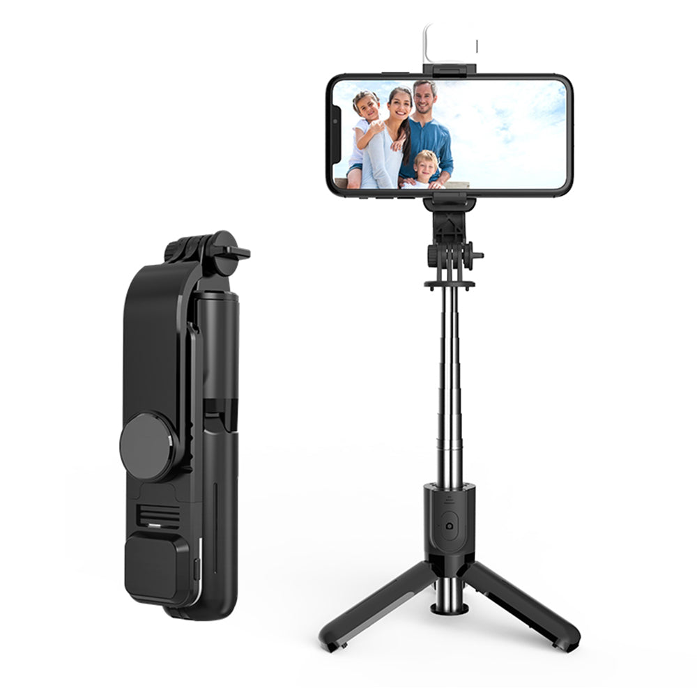 Techsuit - Mini Selfie Stick (L11s) - Stable Tripod with Bluetooth Remote Control and LED Light, 75cm - Black