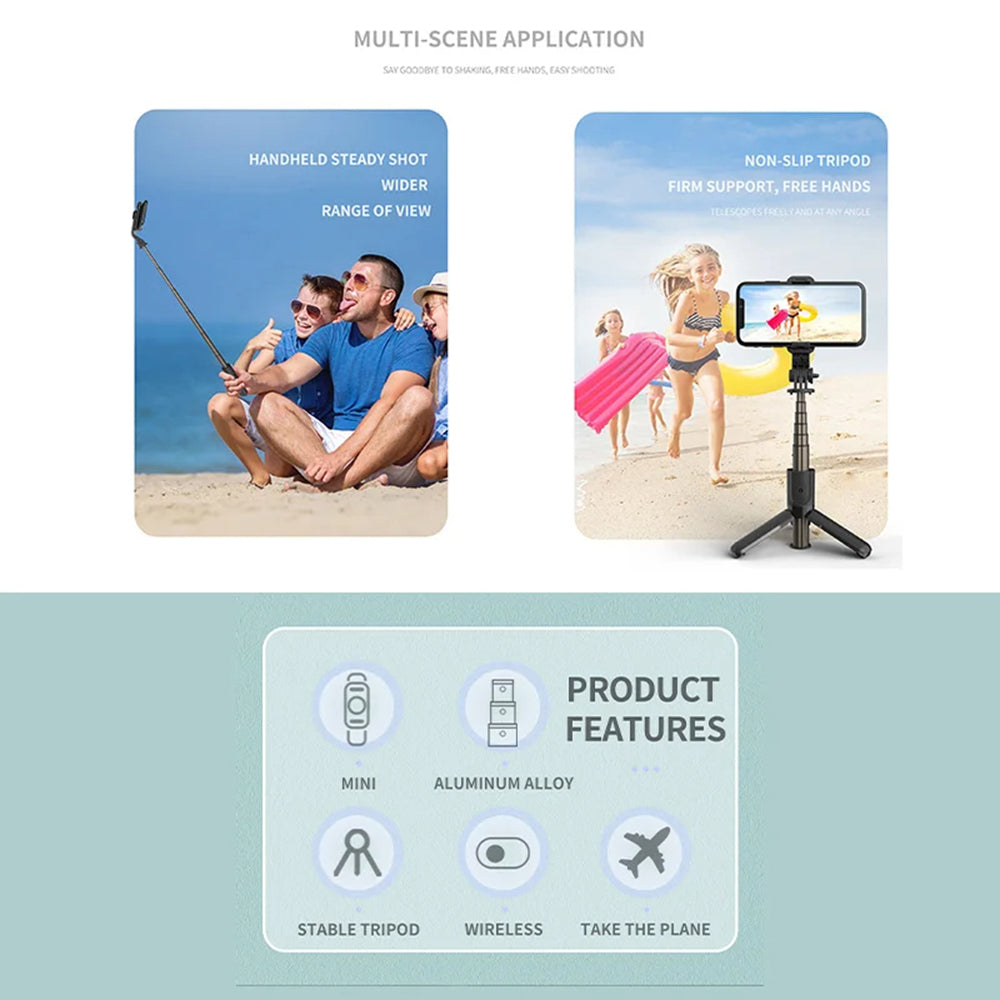 Techsuit - Mini Selfie Stick (L10) - Stable Tripod with Bluetooth Remote Control, 360 Rotation, Aluminium Alloy, 68cm - Black