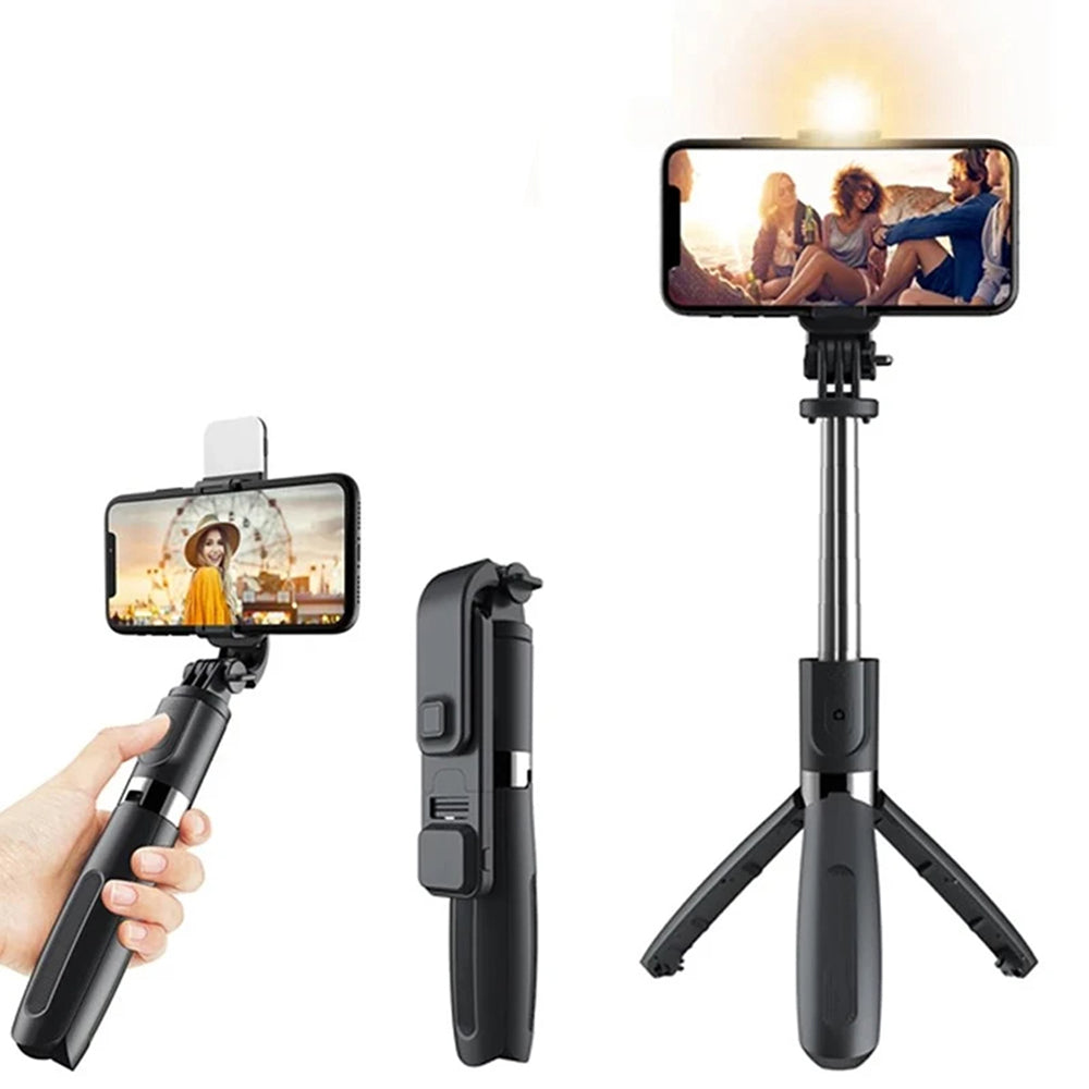 Techsuit - Selfie Stick (L02s) - Stable Tripod with Bluetooth Remote Control and Fill Light, Stainless Steel, 104cm - Black