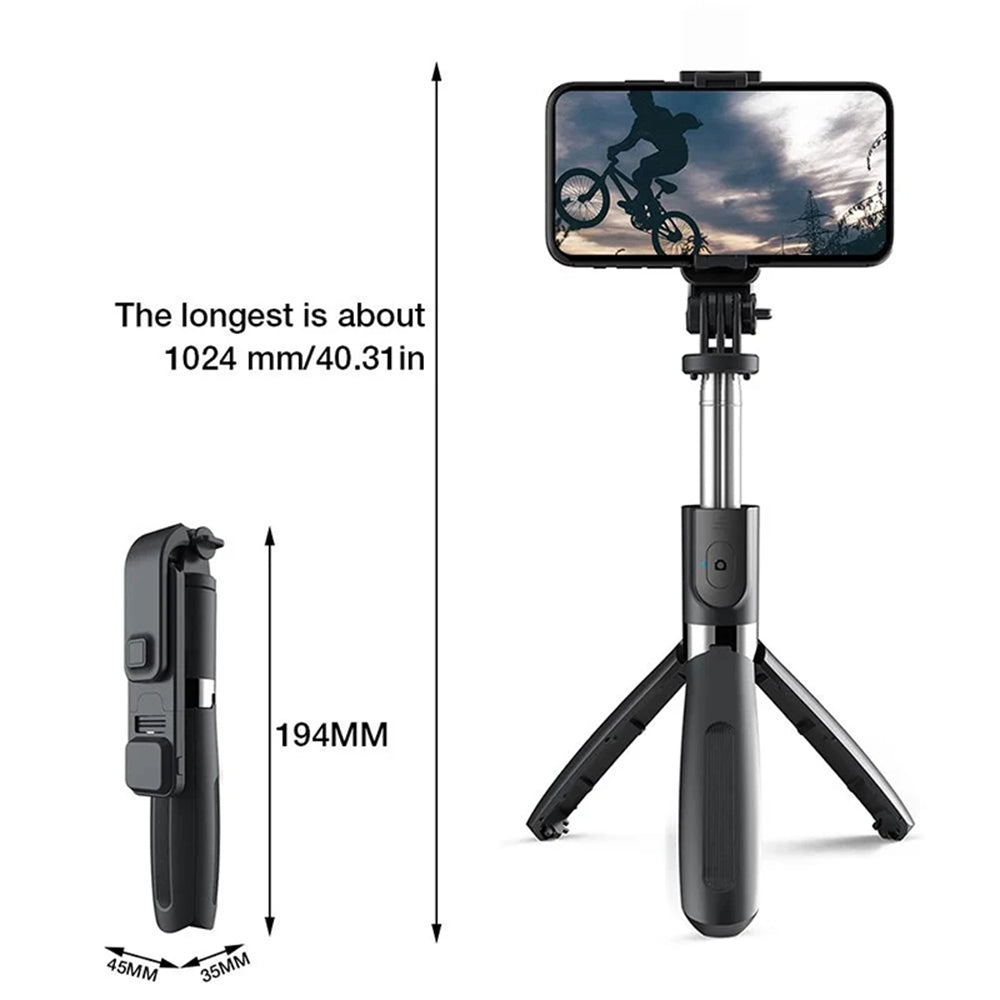 Techsuit - Selfie Stick (L02s) - Stable Tripod with Bluetooth Remote Control and Fill Light, Stainless Steel, 104cm - Black