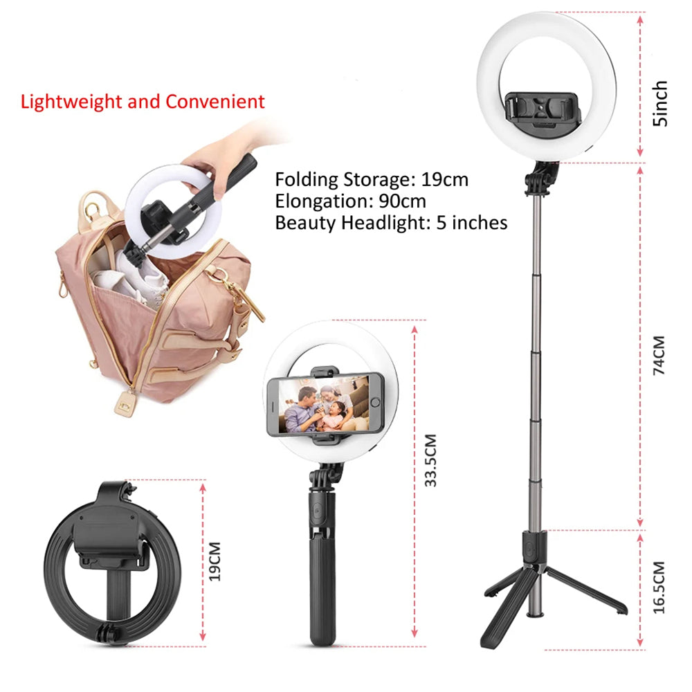 Techsuit - Selfie Stick (L07) - Stable Tripod with Bluetooth Remote Control and Beauty Ring Light, 90cm - Black