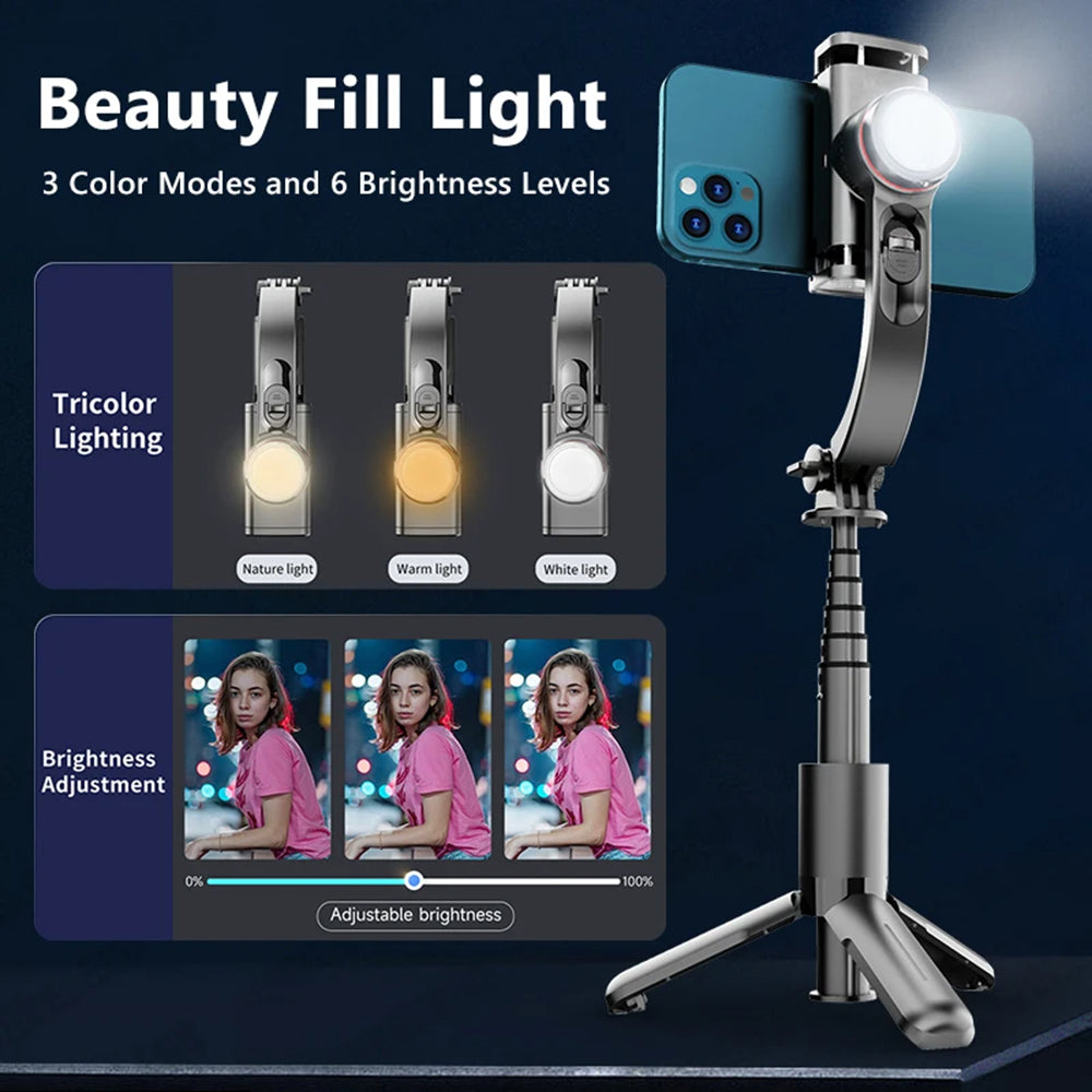 Techsuit - Selfie Stick (L18sMini) - Stable Gimbal/Tripod with Bluetooth Remote Control, Fill Light, 360 Rotation, 70cm - Black