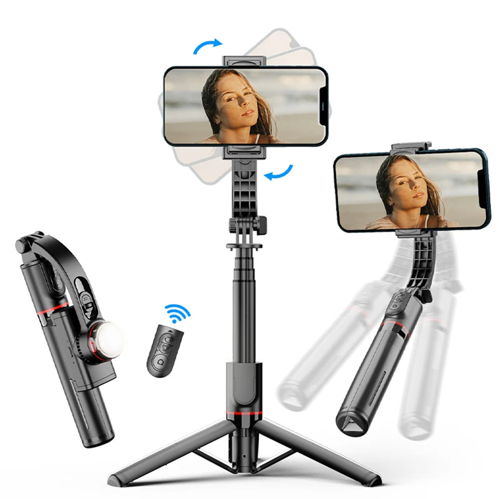 Techsuit - Selfie Stick (L19s) - Stable Gimbal/Tripod with Bluetooth Remote Control, Fill Light, 360 Rotation, 70cm - Black