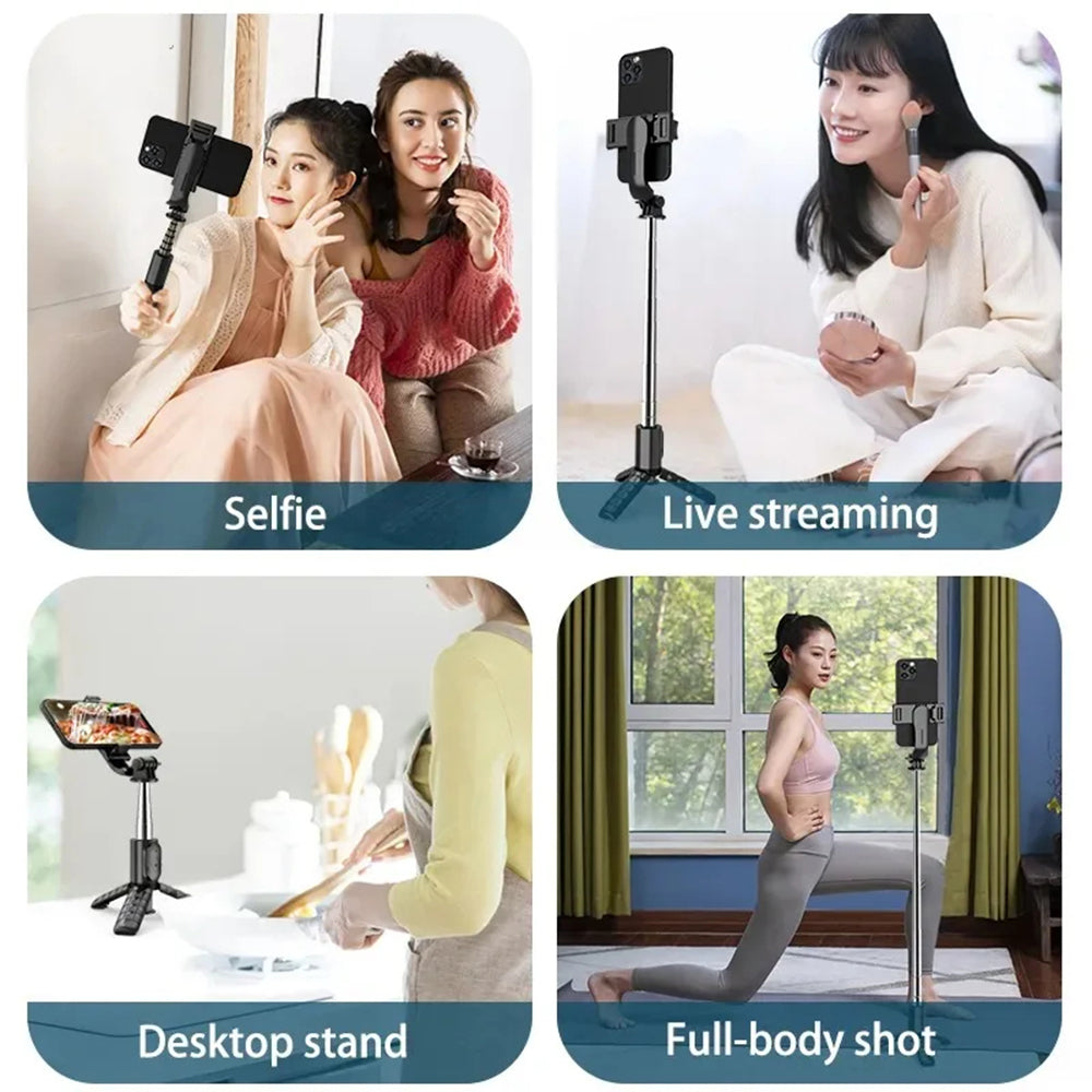 Techsuit - Mini Selfie Stick (Q10) - Stable Gimbal/Tripod with Bluetooth Remote Control, Fill Light, 360 Rotation, 68cm - Black