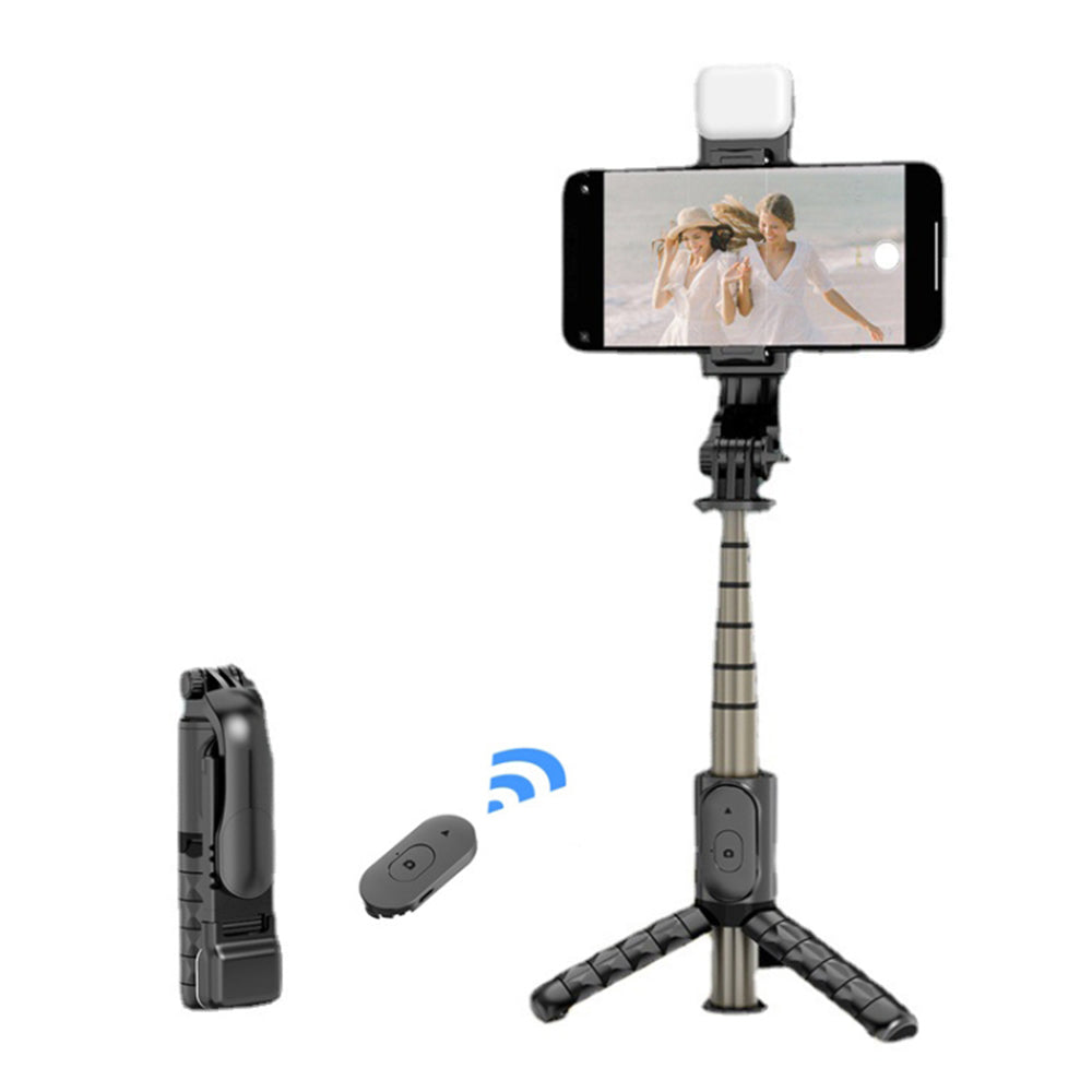 Techsuit - Mini Selfie Stick (Q10s) - Stable Tripod with Bluetooth Remote Control, Fill Light, 360 Rotation, 70cm - Black