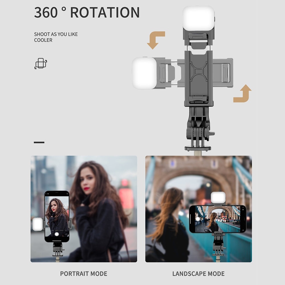 Techsuit - Mini Selfie Stick (Q10s) - Stable Tripod with Bluetooth Remote Control, Fill Light, 360 Rotation, 70cm - Black