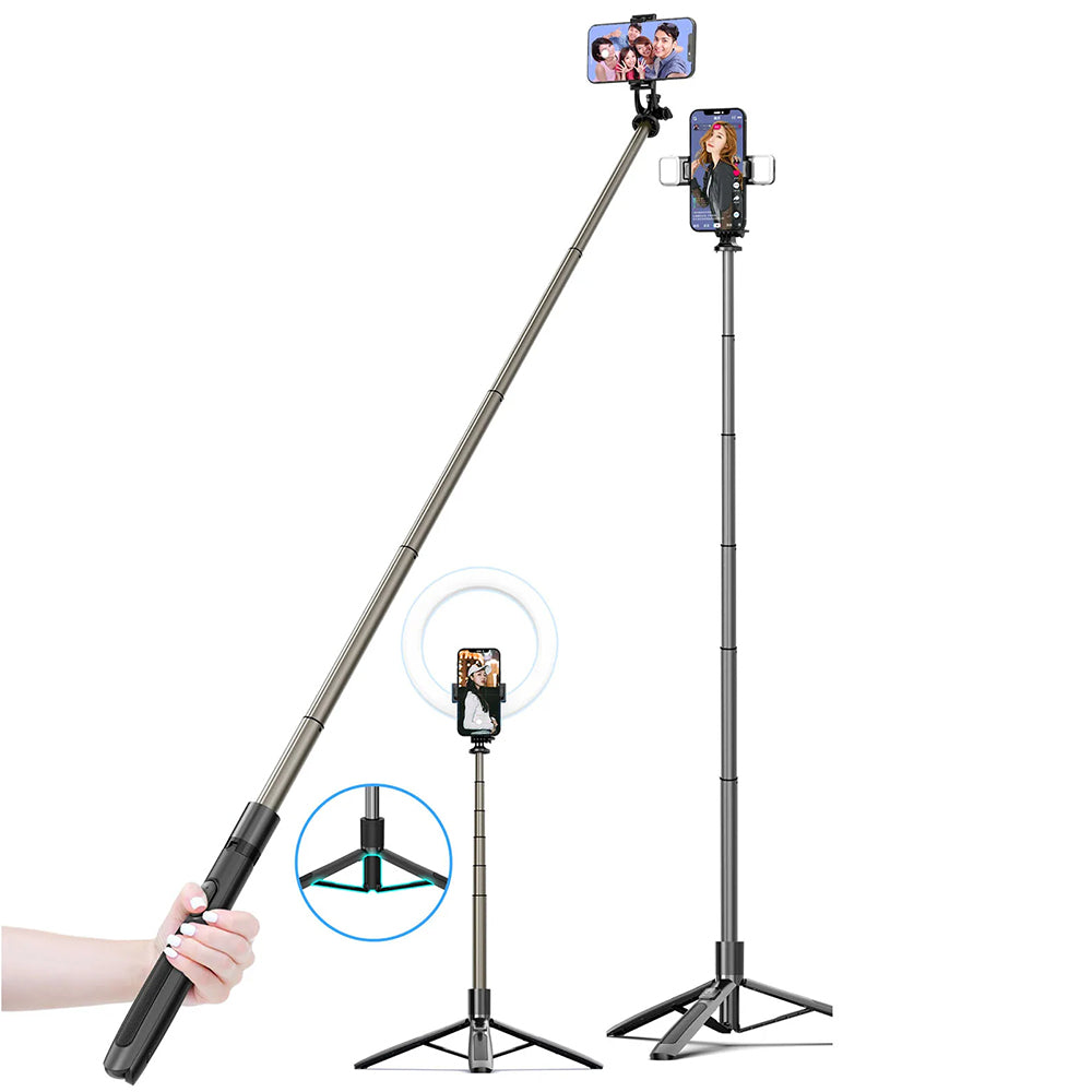 Techsuit - Selfie Stick (Q06) - Stable Tripod with Bluetooth Remote Control, Aluminium Alloy, 360 Rotation, 156cm - Black