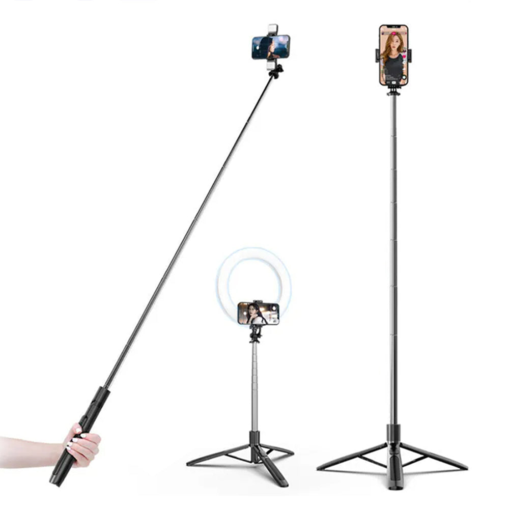 Techsuit - Selfie Stick (Q05) - Stable Tripod with Bluetooth Remote Control, 360 Rotation, Stainless Steel, 158cm - Black