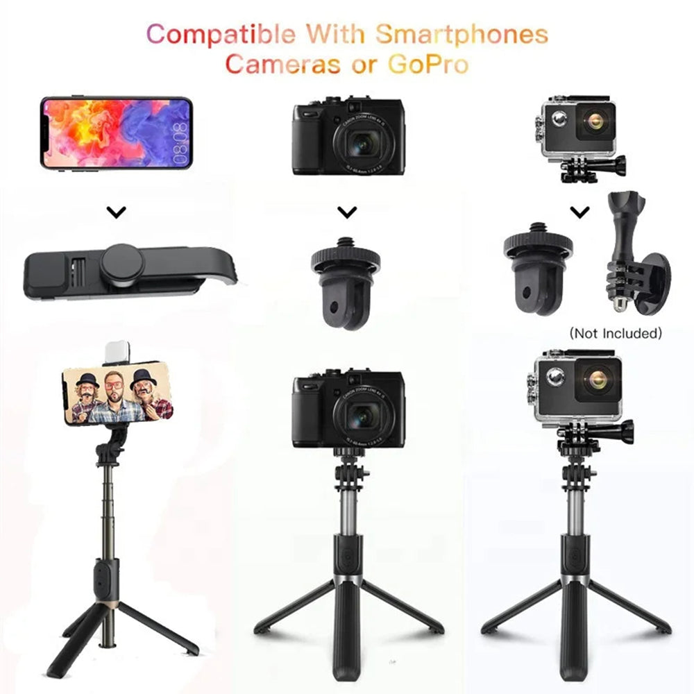 Techsuit - Selfie Stick (Q03s) - Stable Tripod with Bluetooth Remote Control and Fill Light, Aluminium Alloy, 76cm - Black