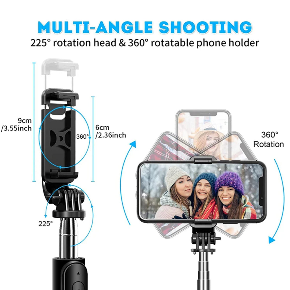 Techsuit - Selfie Stick (Q02) - Foldable Tripod with Bluetooth Remote Control, 360 Rotation, Stainless Steel, 103cm - Black