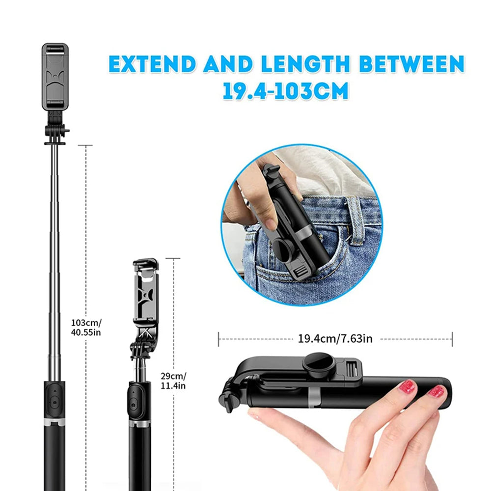 Techsuit - Selfie Stick (Q02) - Foldable Tripod with Bluetooth Remote Control, 360 Rotation, Stainless Steel, 103cm - Black