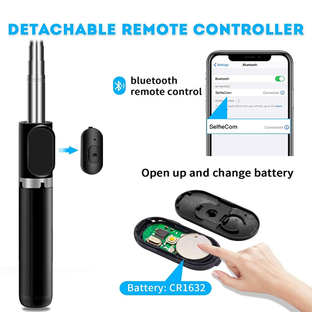 Techsuit - Selfie Stick (Q02) - Foldable Tripod with Bluetooth Remote Control, 360 Rotation, Stainless Steel, 103cm - Black