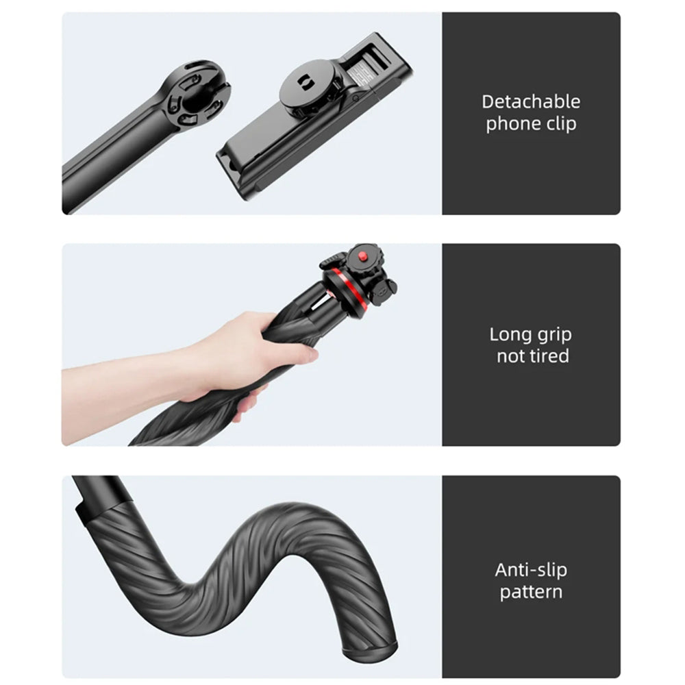 Techsuit - Selfie Stick (C02) - for Phones and Action Cameras, with Flexible Tripod, 43cm - Black