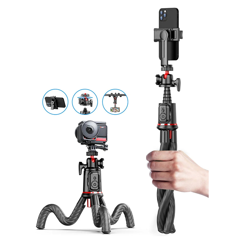 Techsuit - Selfie Stick (C03) - with Flexible Telescopic Pole Tripod, Remote Control, 360 Ball Head, 64cm - Black