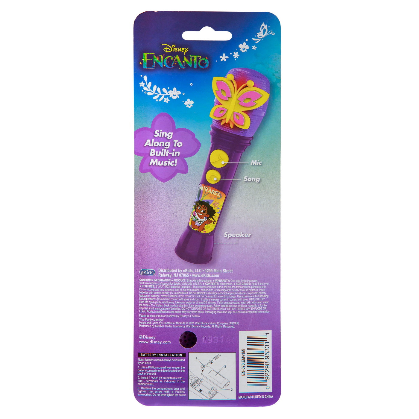 eKids Encanto Ασύρματο Μικρόφωνο Karaoke για παιδιά με ενσωματωμένη μουσική, φωτισμό, Sound Effects (EN-070) (Μωβ/Ροζ)