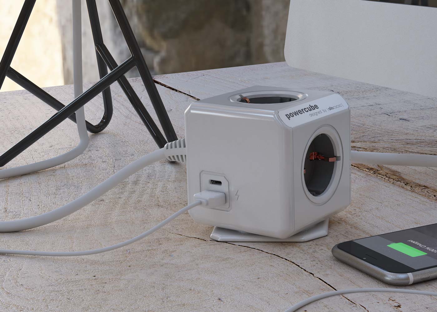 Allocacoc® PowerCube |Extended Duo USB A+C| Πολύπριζο 4 θέσεων & 1xUSB/1xUSB-C με καλώδιο επέκτασης 1,5 μέτρo - Γκρι - 10436/DEEUAC