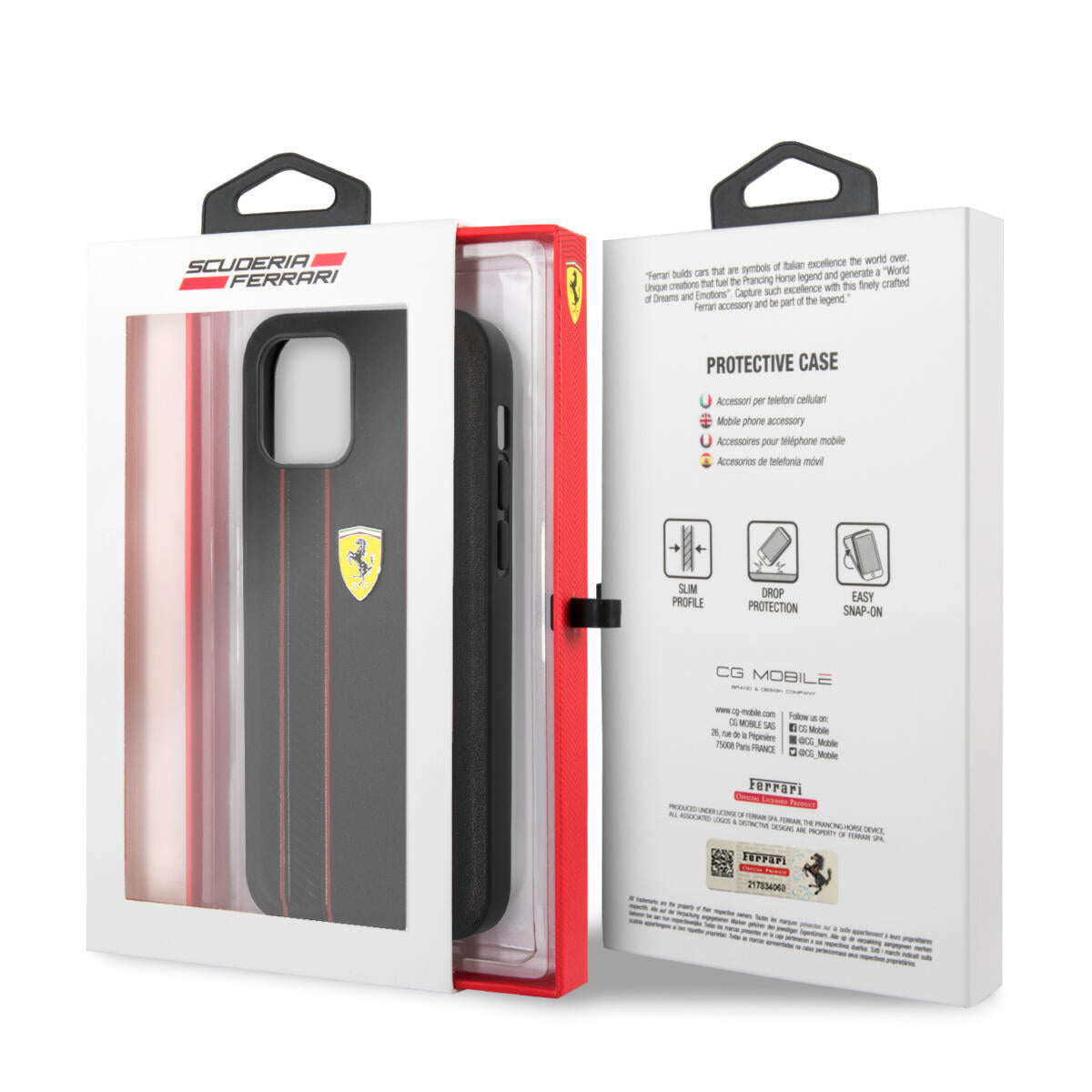 Ferrari "Debossed Stripes & Red Lines" Leather Case Θήκη προστασίας από γνήσιο καπιτονέ δέρμα – iPhone 12 Pro Max (Μαύρη/Quilted Leather)