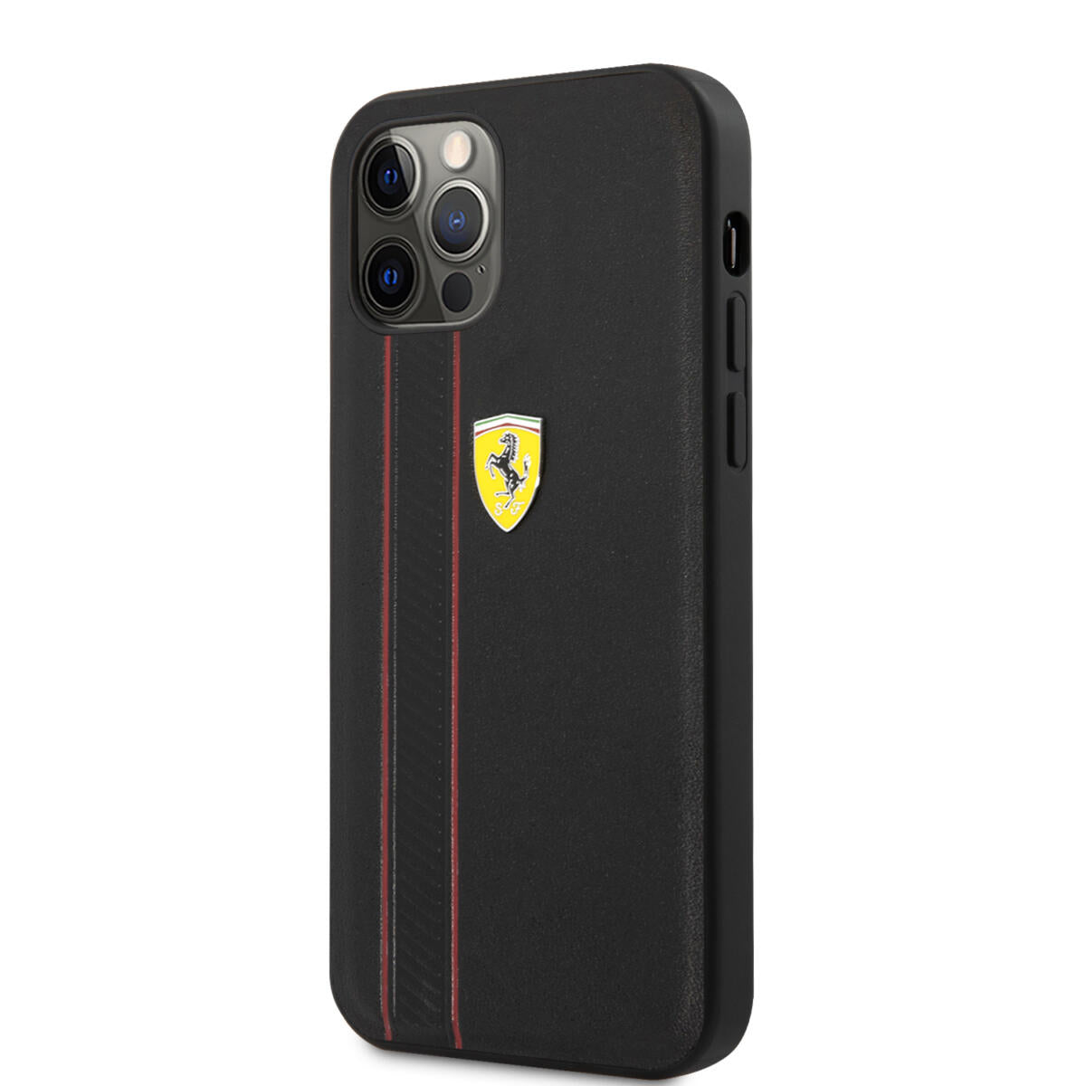 Ferrari "Debossed Stripes & Red Lines" Leather Case Θήκη προστασίας από γνήσιο καπιτονέ δέρμα – iPhone 12 Pro Max (Μαύρη/Quilted Leather)