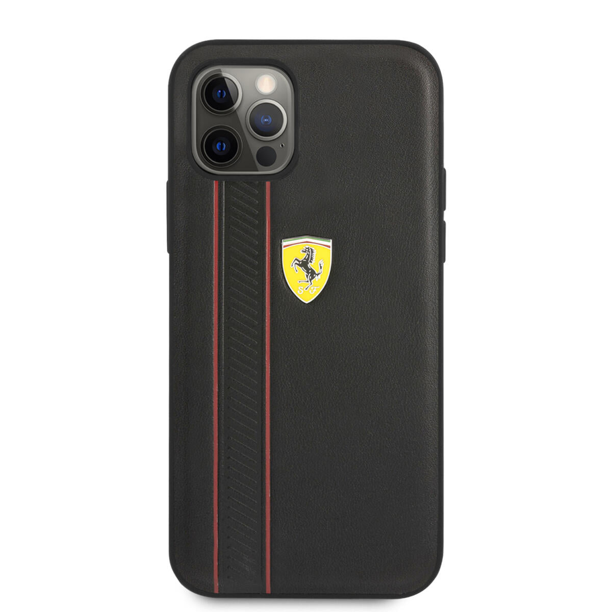 Ferrari "Debossed Stripes & Red Lines" Leather Case Θήκη προστασίας από γνήσιο καπιτονέ δέρμα – iPhone 12 Pro Max (Μαύρη/Quilted Leather)