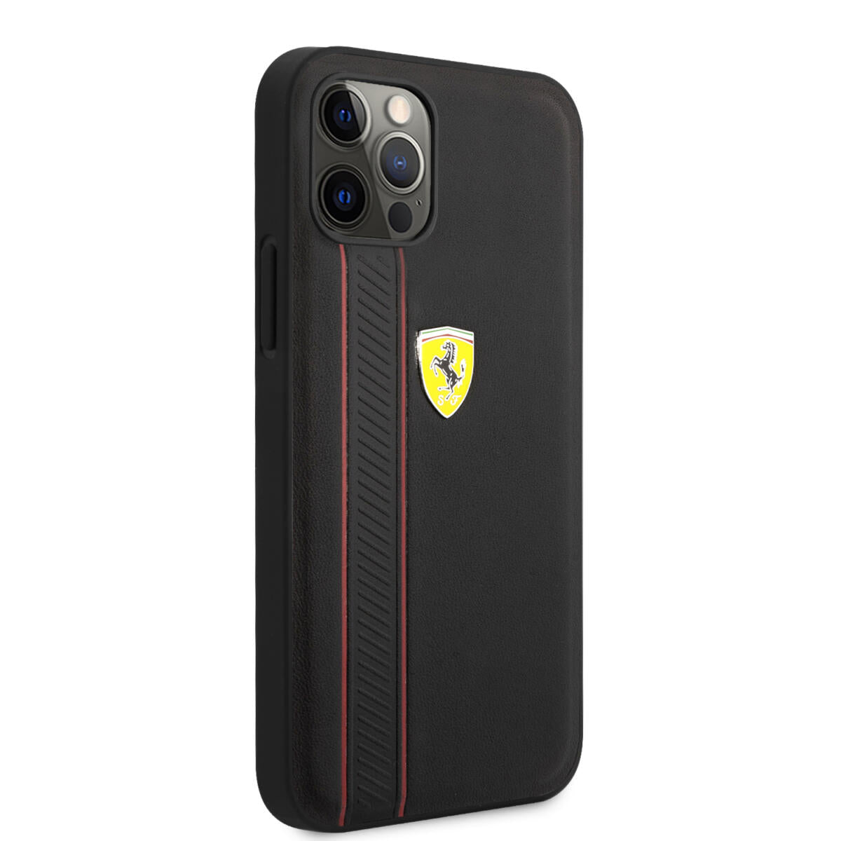 Ferrari "Debossed Stripes & Red Lines" Leather Case Θήκη προστασίας από γνήσιο καπιτονέ δέρμα – iPhone 12 Pro Max (Μαύρη/Quilted Leather)
