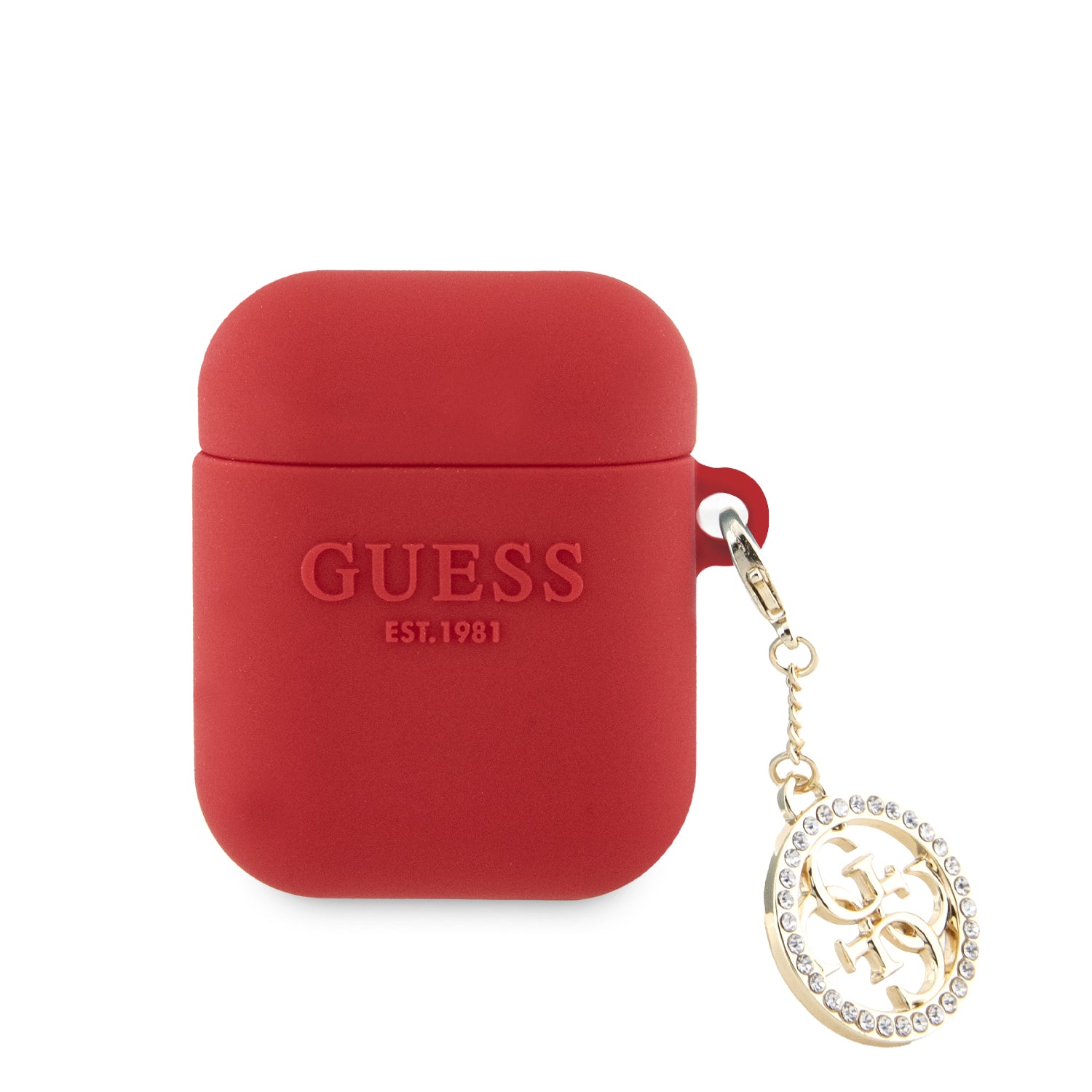 Guess "3D Logo Charm Collection" Θήκη Προστασίας Απο Σιλικόνη Για Apple Airpods 1/2 Με Χρυσό Κρεμαστό Στολίδι (Light Red) – Θήκη για κινητό από το PhoneBazaar.gr