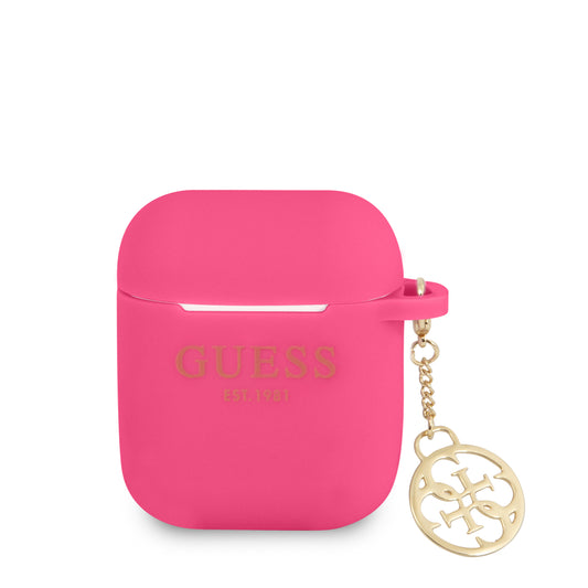 Guess Printed Gold Logo Θήκη Προστασίας Από Σιλικόνη Για Apple Airpods 1/2 Με Χρυσό Κρεμαστό Στολίδι (Φούξια) – Θήκη για κινητό από το PhoneBazaar.gr