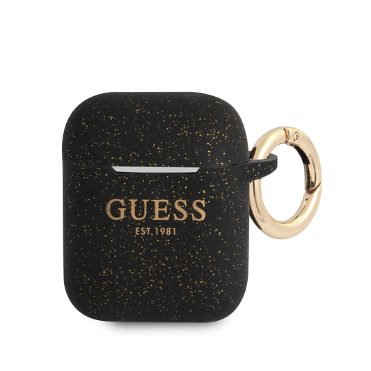 Guess Printed Logo Silicone Case Θήκη Προστασίας Από Σιλικόνη Για Apple Airpods 1/2 (Black/Glitter) – Θήκη για κινητό από το PhoneBazaar.gr