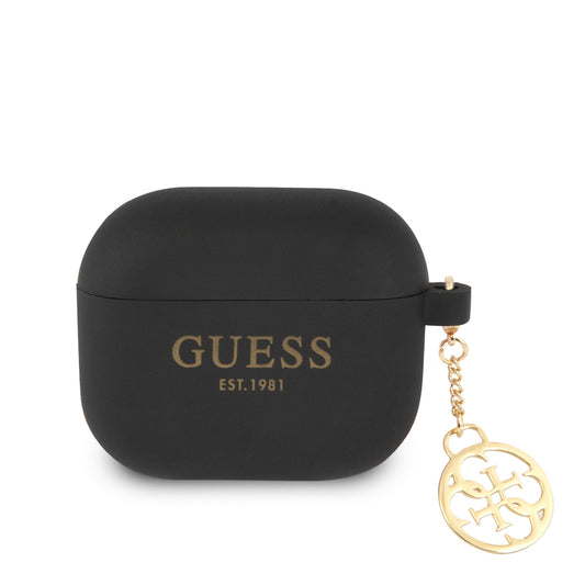 Guess Printed Gold Logo Θήκη Προστασίας Από Σιλικόνη Για Apple Airpods 3 Με Χρυσό Κρεμαστό Στολίδι (Μαύρη) – Θήκη για κινητό από το PhoneBazaar.gr
