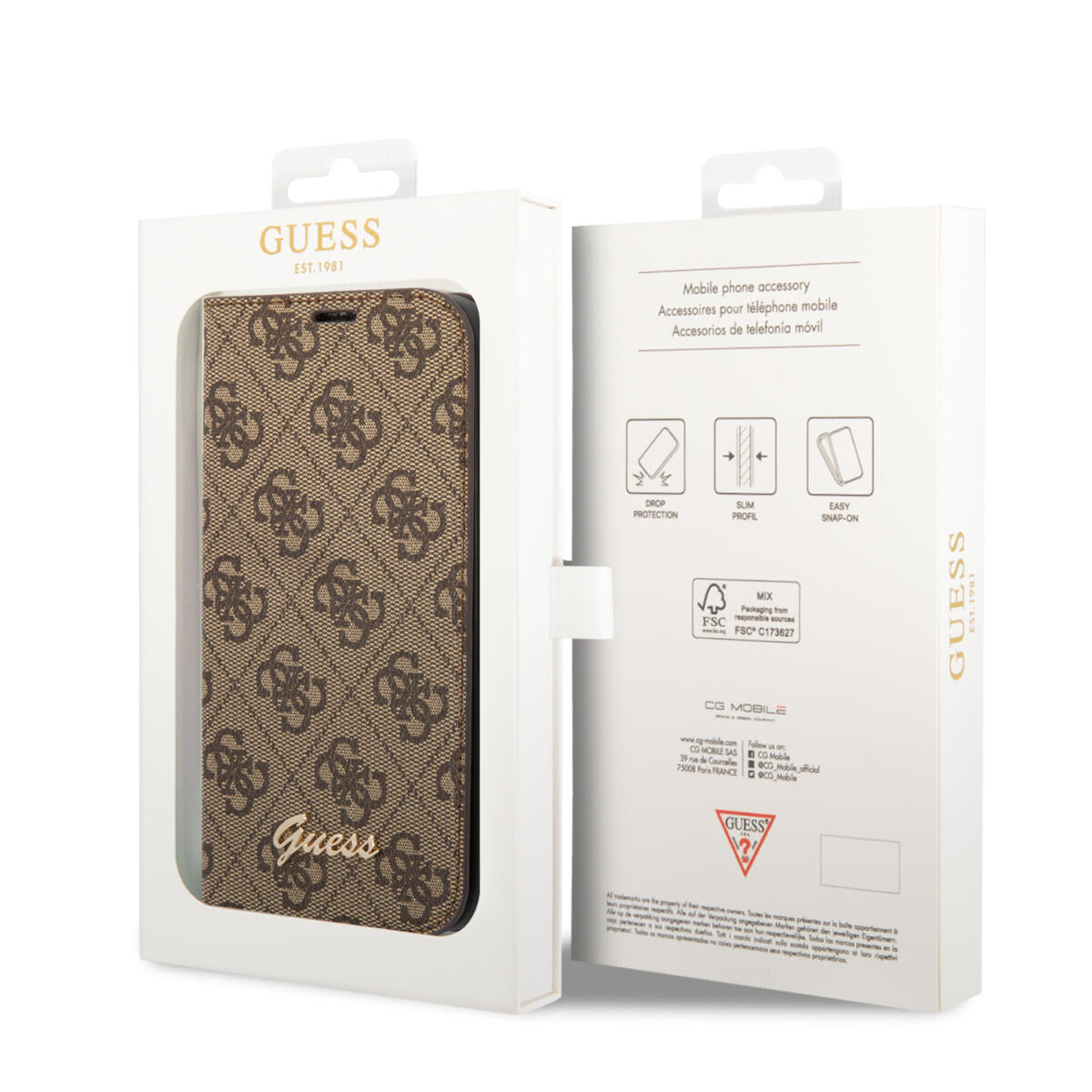 Guess “4G Logo Collection” Script Metal Logo Θήκη προστασίας από δερματίνη τύπου folio – iPhone 14 Plus (Καφέ)