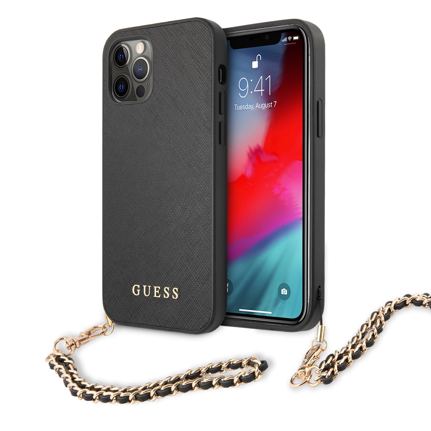 Guess Saffiano Gold Chain Case Θήκη Προστασίας Από Σκληρή Σιλικόνη Με Χρυσή Αλυσίδα – Iphone 12 Pro Max (Μαύρο/Χρυσό) – Θήκη για κινητό από το PhoneBazaar.gr