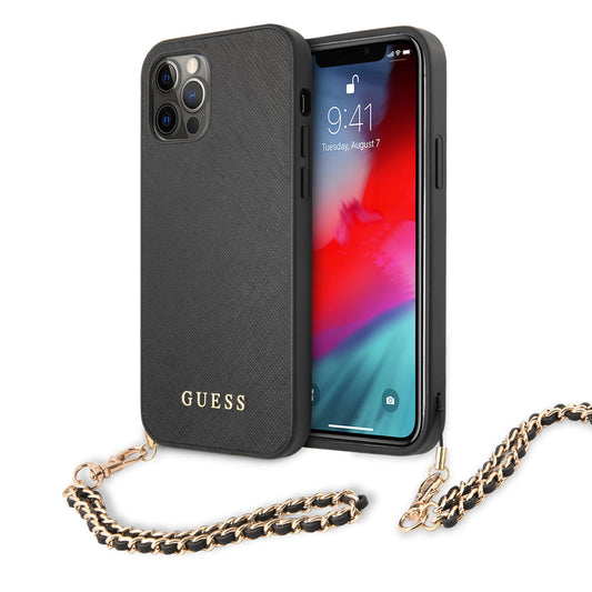 Guess Saffiano Gold Chain Case Θήκη Προστασίας Από Σκληρή Σιλικόνη Με Χρυσή Αλυσίδα – Iphone 12 Pro Max (Μαύρο/Χρυσό) – Θήκη για κινητό από το PhoneBazaar.gr