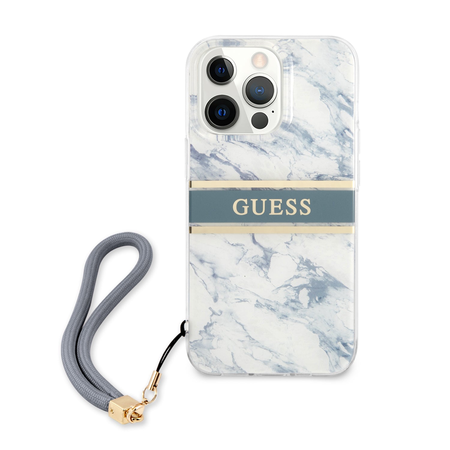Guess "Marble Collection" Printed Stripe Θήκη προστασίας με όψη μαρμάρου και κορδονάκι χειρός – iPhone 13 Pro (Μπλε/Λευκό)