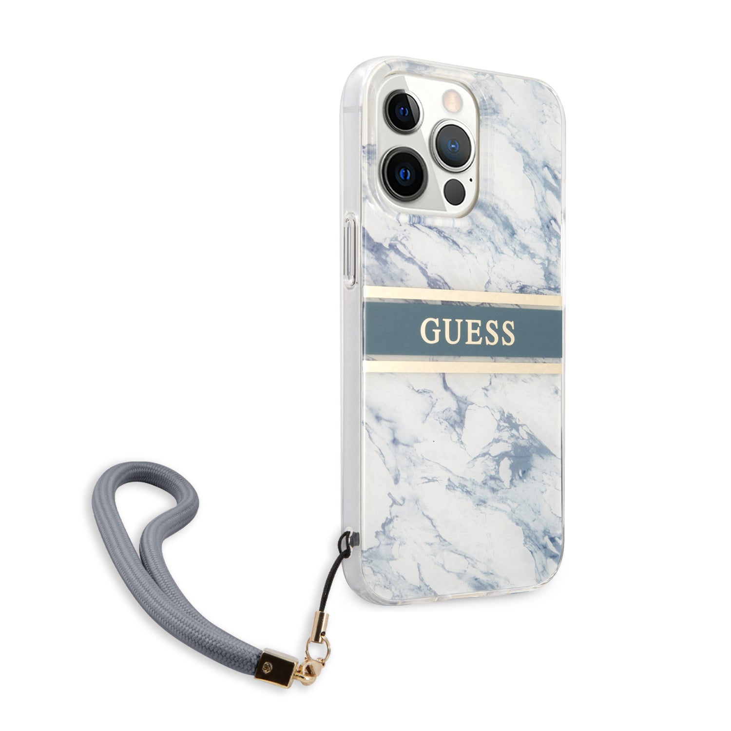 Guess "Marble Collection" Printed Stripe Θήκη προστασίας με όψη μαρμάρου και κορδονάκι χειρός – iPhone 13 Pro (Μπλε/Λευκό)