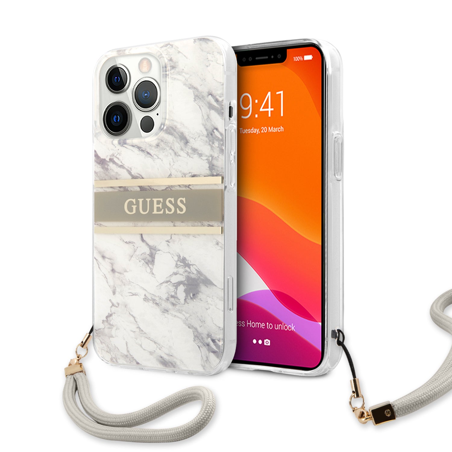 Guess "Marble Collection" Printed Stripe Θήκη Προστασίας Με Όψη Μαρμάρου Και Κορδονάκι Χειρός – Iphone 12 Pro Max (Γκρι/Λευκό) – Θήκη για κινητό από το PhoneBazaar.gr