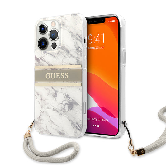 Guess "Marble Collection" Printed Stripe Θήκη Προστασίας Με Όψη Μαρμάρου Και Κορδονάκι Χειρός – Iphone 13 Pro (Γκρι/Λευκό) – Θήκη για κινητό από το PhoneBazaar.gr