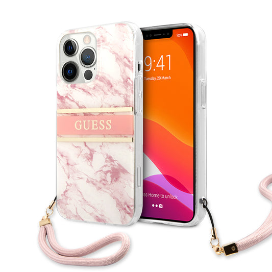Guess "Marble Collection" Printed Stripe Θήκη Προστασίας Με Όψη Μαρμάρου Και Κορδονάκι Χειρός – Iphone 13 Pro (Ροζ/Λευκό) – Θήκη για κινητό από το PhoneBazaar.gr