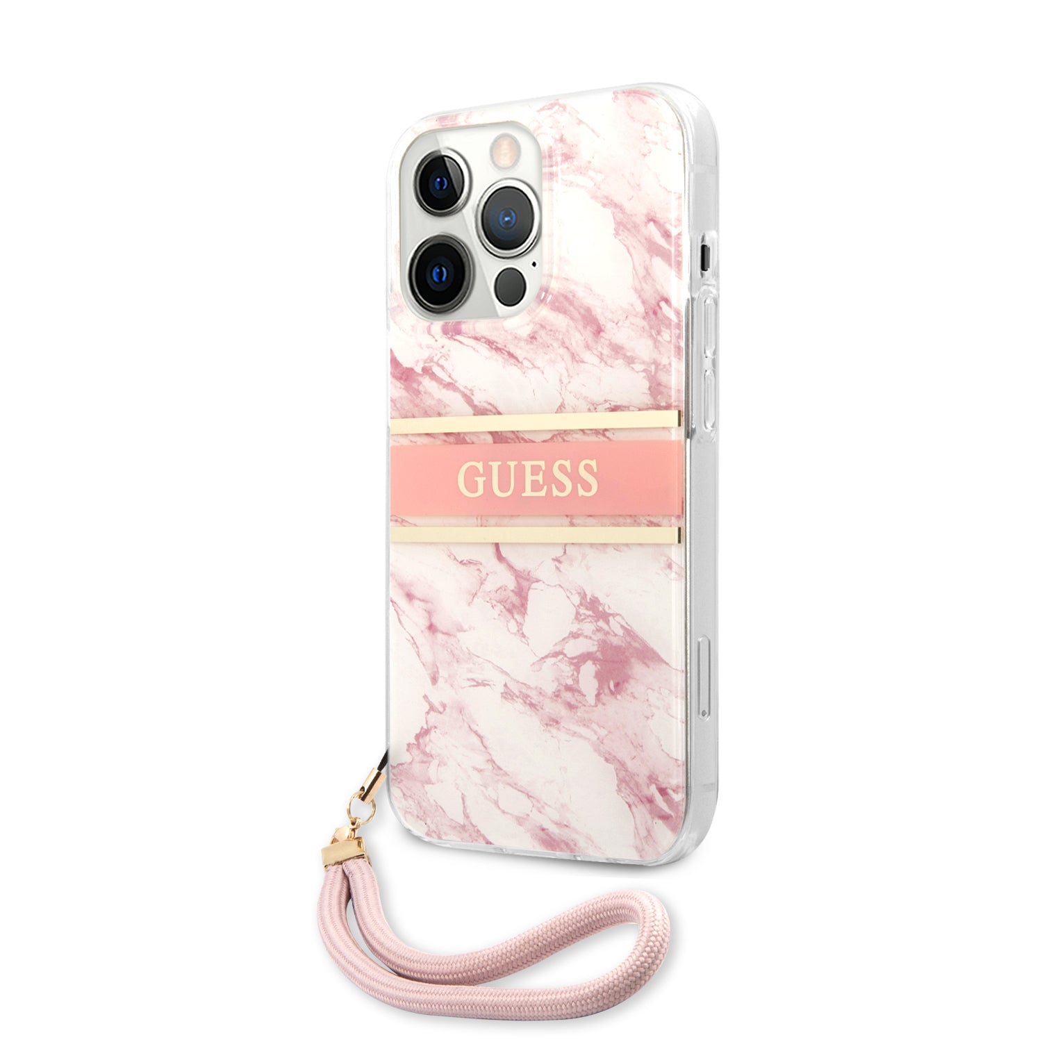 Guess "Marble Collection" Printed Stripe Θήκη προστασίας με όψη μαρμάρου και κορδονάκι χειρός – iPhone 13 Pro (Ροζ/Λευκό)
