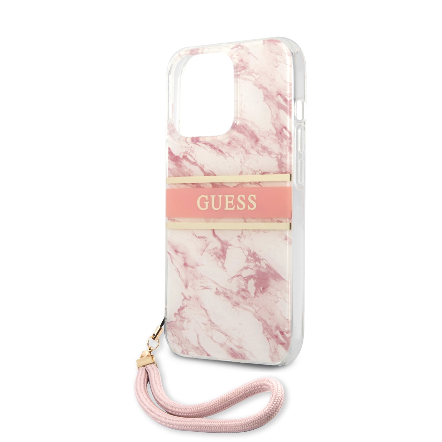 Guess "Marble Collection" Printed Stripe Θήκη προστασίας με όψη μαρμάρου και κορδονάκι χειρός – iPhone 13 Pro (Ροζ/Λευκό)