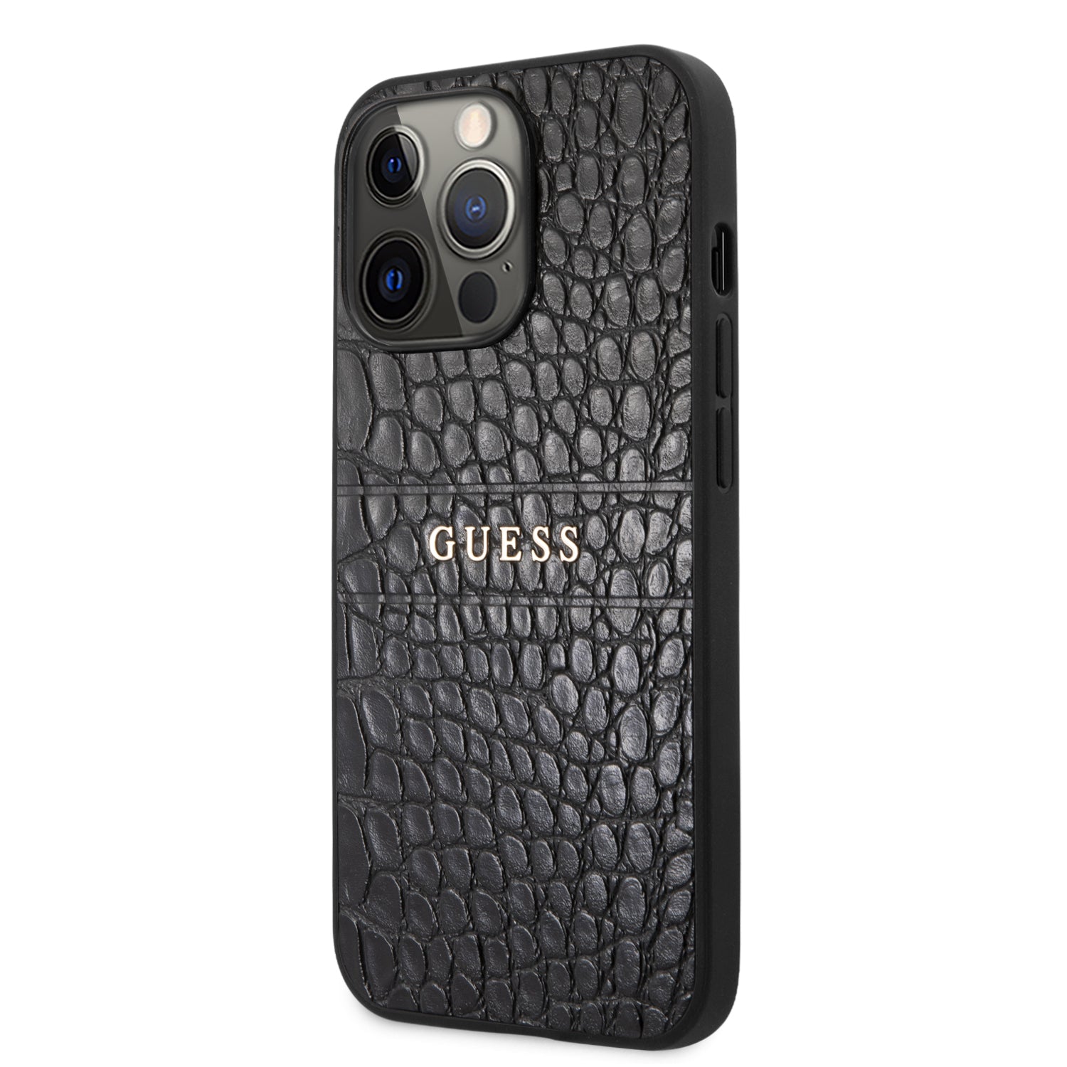 Guess "Croco Collection" Hot Stamp Lines Θήκη προστασίας από δερματίνη με μεταλλικό λογότυπο – iPhone 13 Pro (Μαύρο)