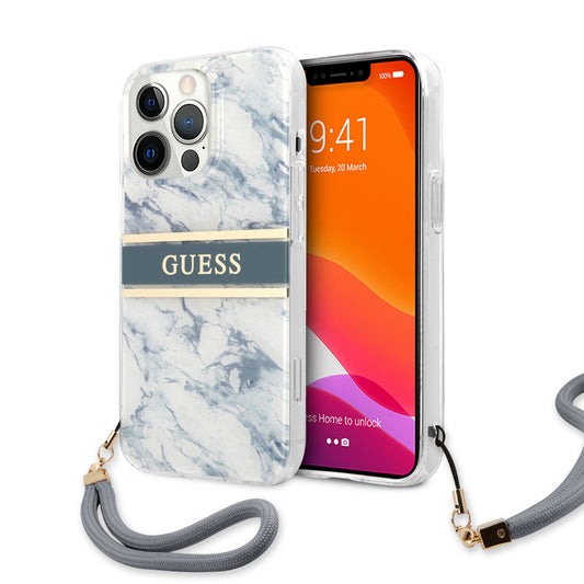 Guess "Marble Collection" Printed Stripe Θήκη Προστασίας Με Όψη Μαρμάρου Και Κορδονάκι Χειρός – Iphone 13 Pro Max (Μπλε/Λευκό) – Θήκη για κινητό από το PhoneBazaar.gr