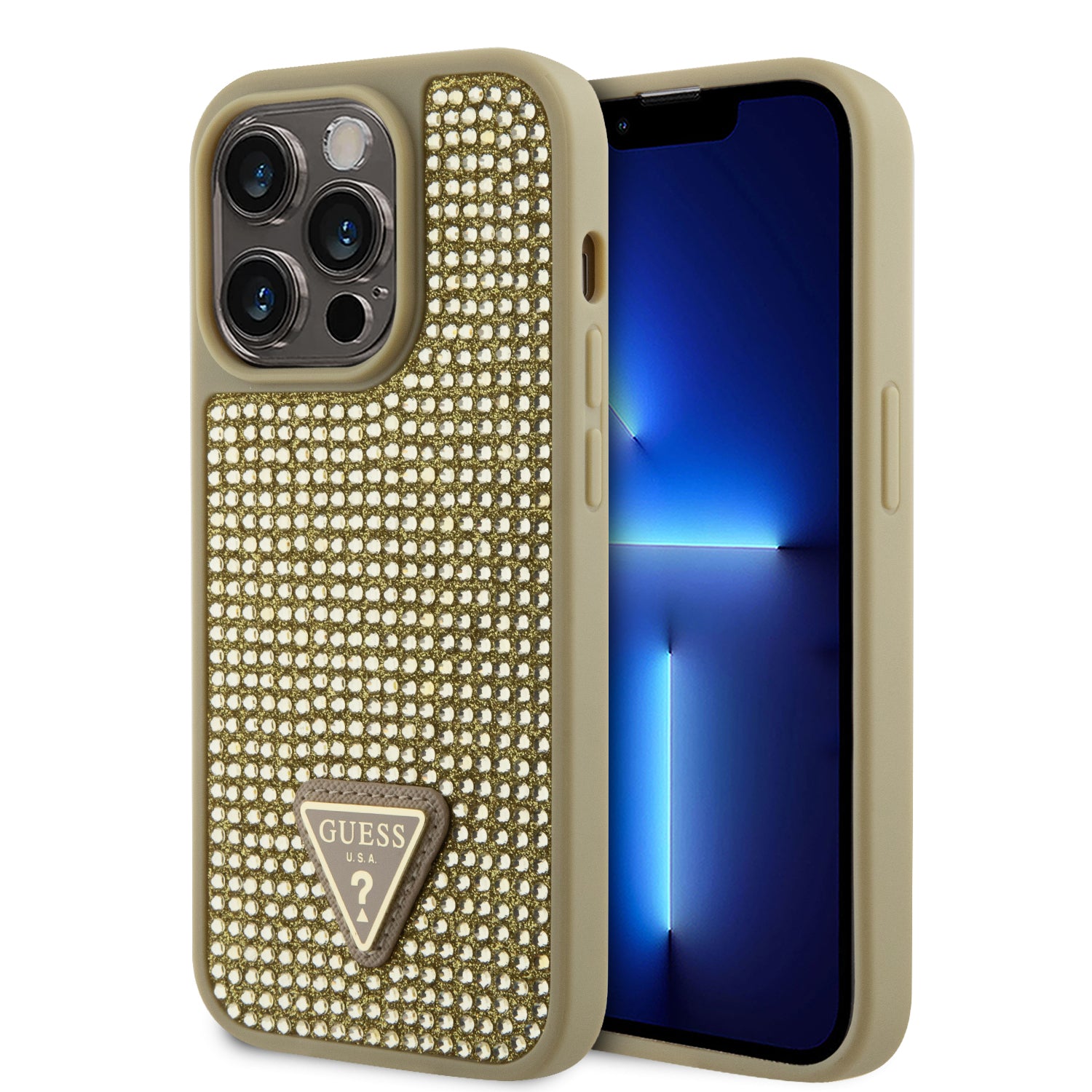 Guess “Rhinestones Triangle Metal Logo Collection” Θήκη Προστασίας Για Iphone 14 Pro (Χρυσό) – Θήκη για κινητό από το PhoneBazaar.gr