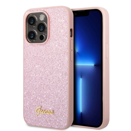 Guess Glitter Flakes Case With Ikonik Patch And Vintage Script Logo Θήκη Προστασίας Από Σιλικόνη – Iphone 14 Pro (Glitter Pink) – Θήκη για κινητό από το PhoneBazaar.gr