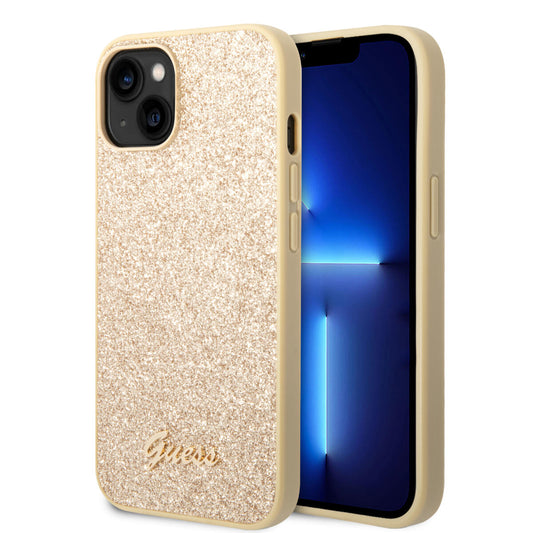 Guess Glitter Flakes Case With Ikonik Patch And Vintage Script Logo Θήκη Προστασίας Από Σιλικόνη – Iphone 14 Plus (Glitter Gold) – Θήκη για κινητό από το PhoneBazaar.gr