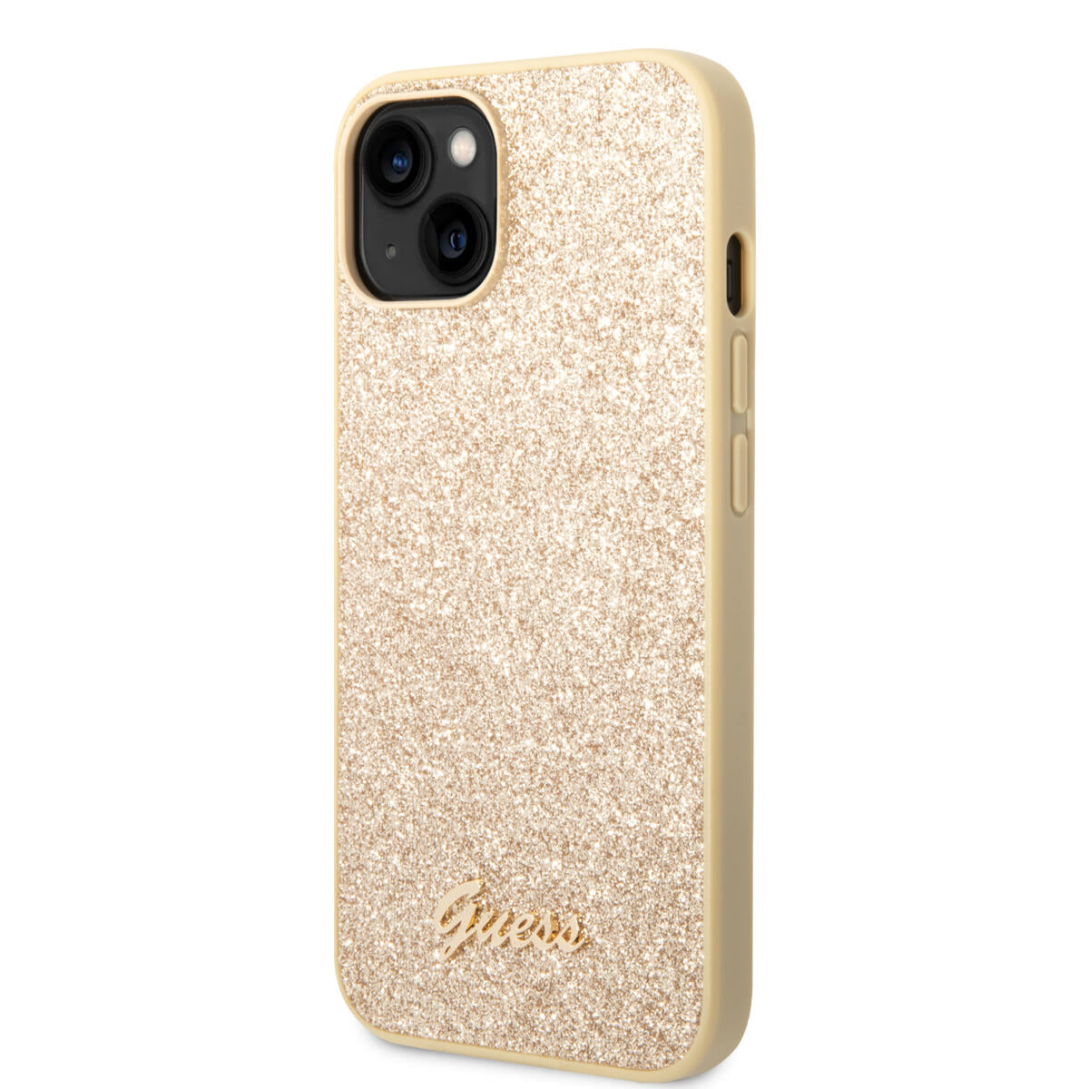 Guess Glitter Flakes Case with Ikonik Patch and Vintage Script Logo Θήκη προστασίας από σιλικόνη – iPhone 14 Plus (Glitter Gold)