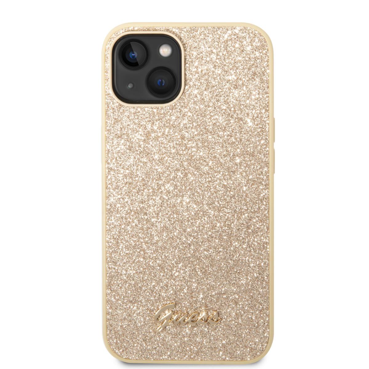 Guess Glitter Flakes Case with Ikonik Patch and Vintage Script Logo Θήκη προστασίας από σιλικόνη – iPhone 14 Plus (Glitter Gold)